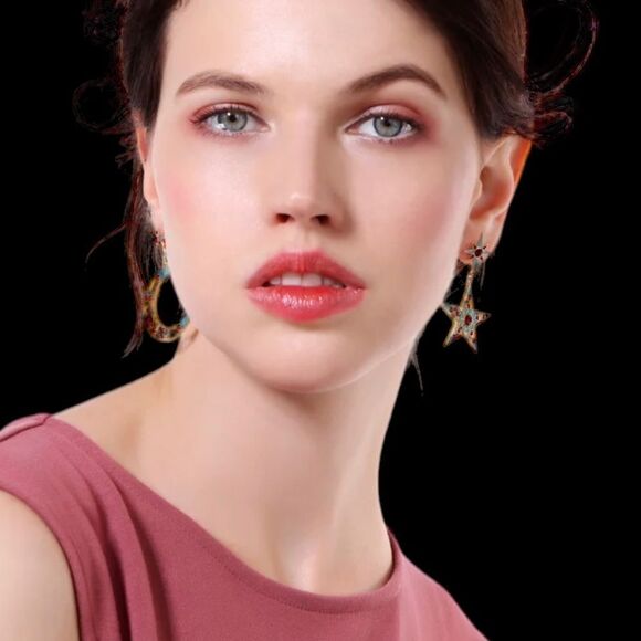 Bijoux Star Crescent Moon Mismatched Gold Tone Multicolor Dangle Earrings NWT - Picture 4 of 14